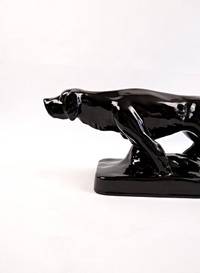 Ceramic sculpture of a hunting dog from Vallauris, signed Faïences & Poteries de Provence