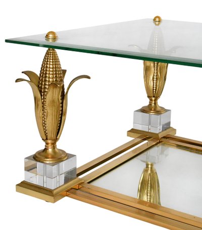 Table basse en laiton doré et verre à décor des épis de maïs 