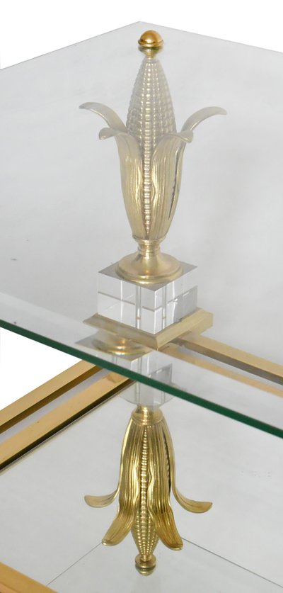 Table basse en laiton doré et verre à décor des épis de maïs 