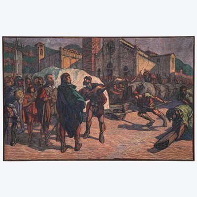 Federico Sartori (Milan, 1865 - 1938) Michelangelo at Piazza del Duomo in Pietrasanta, 1926