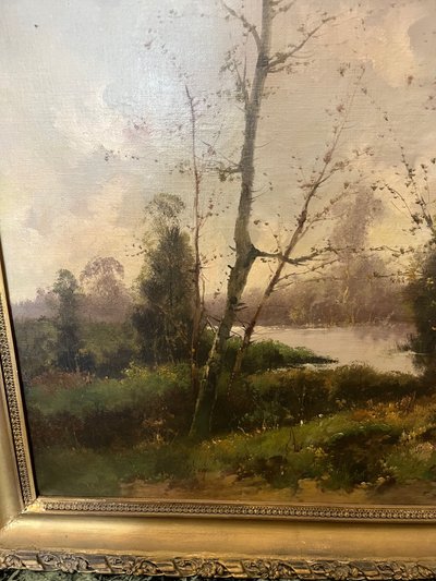 Tableau Huile sur toile   Paysage à la rivière 