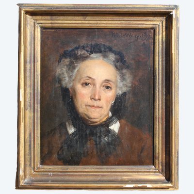 Tableau huile sur panneau Portrait en buste d' une femme au voile signé PETIT-WERY daté 1877 