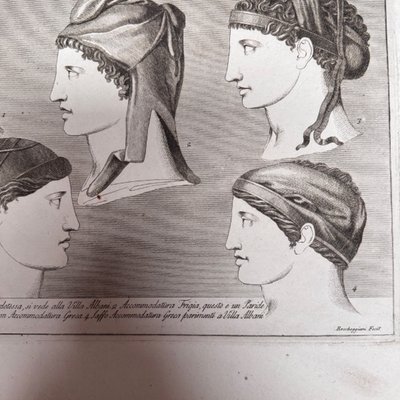 Kupferstich im antiken Stil aus dem frühen 19. Jahrhundert mit fünf Profilgesichtern von Roccheggiani feci