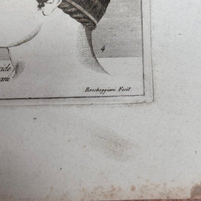 Kupferstich im antiken Stil aus dem frühen 19. Jahrhundert mit fünf Profilgesichtern von Roccheggiani feci