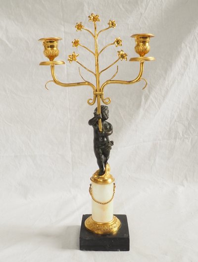 Paire de candélabres en bronze doré et marbre d'époque Empire Restauration