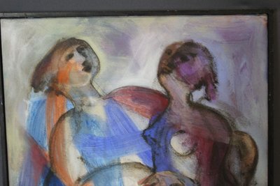 Peinture sur toile représentant deux femmes vers 1950