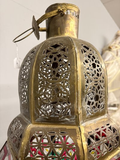 Vintage brass and painted glass lantern 20th century, Morocco, 94x40cm
