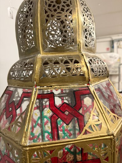 Vintage brass and painted glass lantern 20th century, Morocco, 94x40cm