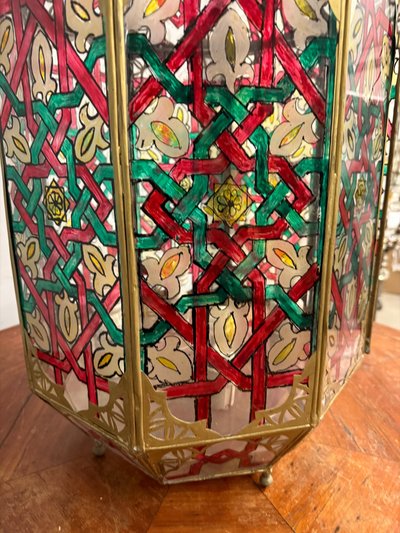 Vintage brass and painted glass lantern 20th century, Morocco, 94x40cm