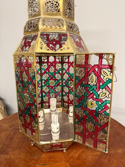 Vintage brass and painted glass lantern 20th century, Morocco, 94x40cm