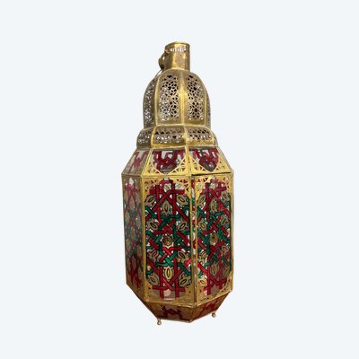 Vintage brass and painted glass lantern 20th century, Morocco, 94x40cm