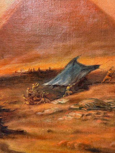 Oil painting on canvas Pyramids and characters orientalist landscape, 20th century, 90x69cm