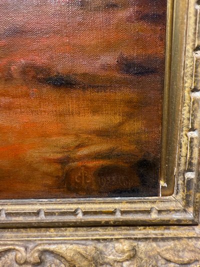 Oil painting on canvas Pyramids and characters orientalist landscape, 20th century, 90x69cm