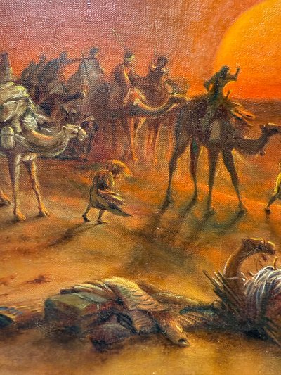 Oil painting on canvas Pyramids and characters orientalist landscape, 20th century, 90x69cm