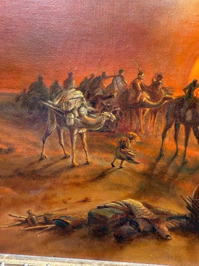 Oil painting on canvas Pyramids and characters orientalist landscape, 20th century, 90x69cm