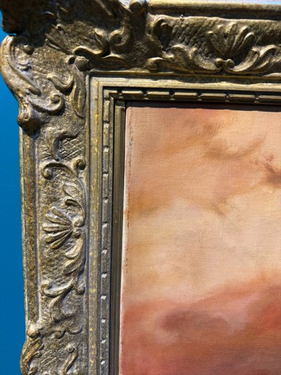 Oil painting on canvas Pyramids and characters orientalist landscape, 20th century, 90x69cm