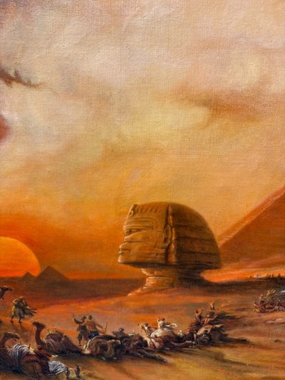 Oil painting on canvas Pyramids and characters orientalist landscape, 20th century, 90x69cm