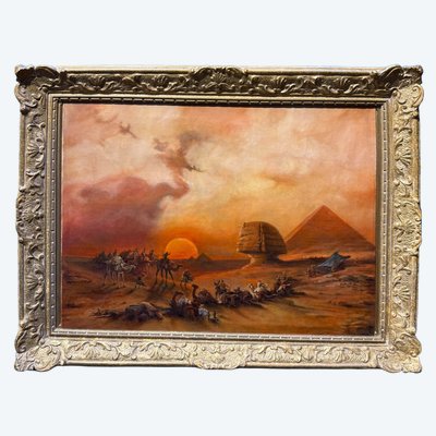 Huile sur toile Pyramides et personnages paysage orientaliste, 20e siècle, 90x69cm