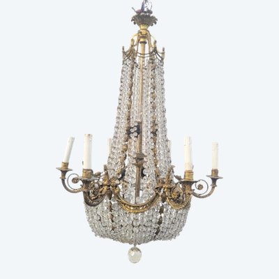 Balloon chandelier / beaded bag H105cm, bronze and crystal, early 20th century