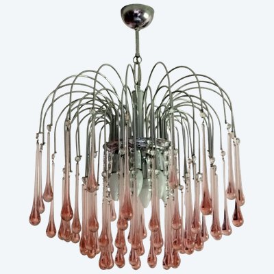 Paolo Venini: Cascading chandelier with pink drops in Murano glass
