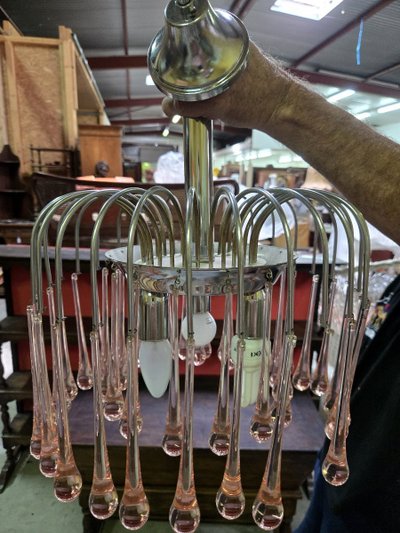 Paolo Venini: Cascading chandelier with pink drops in Murano glass