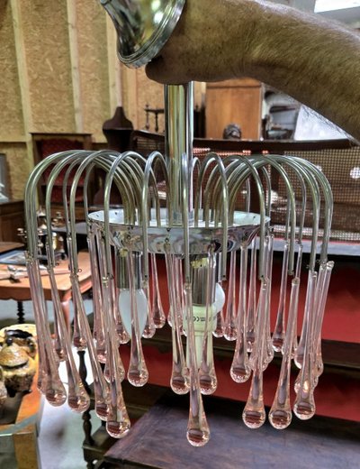 Paolo Venini: Cascading chandelier with pink drops in Murano glass