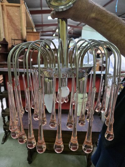 Paolo Venini: Cascading chandelier with pink drops in Murano glass