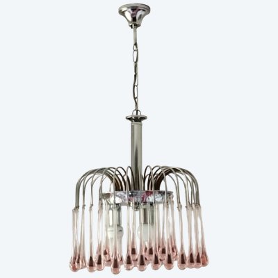 Paolo Venini: Cascading chandelier with pink drops in Murano glass
