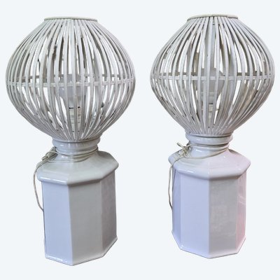 pair of very large modernist lamps in ceramic and painted wood