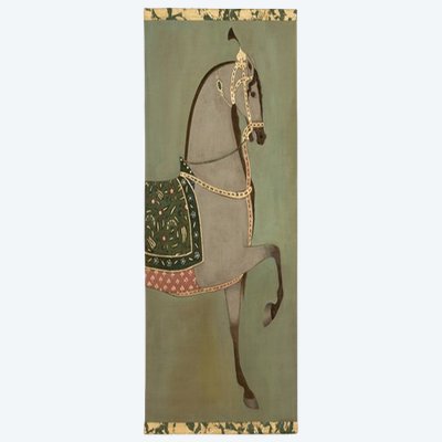 Painted canvas depicting a light-colored Indian horse in profile. Contemporary. LS6757A670/1