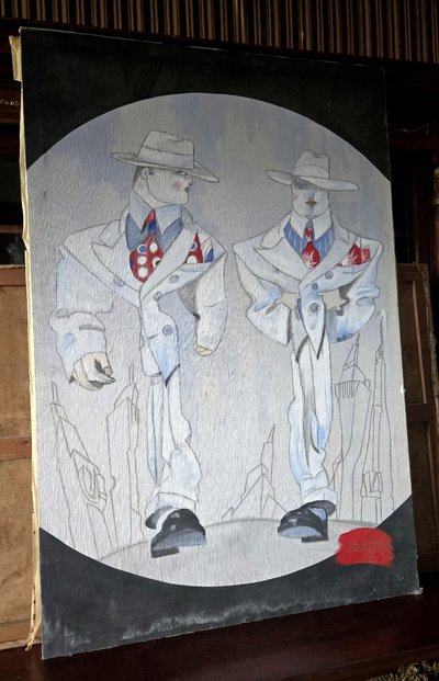 Immense Huile sur toile – Scène Art Déco – Deux élégants au chapeau - seconde moitié XXeme