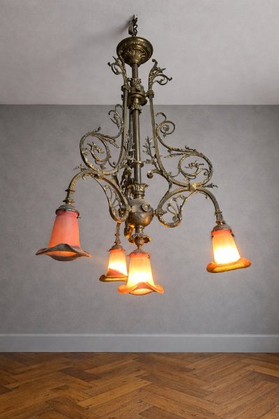 Lustre Art Nouveau Noverdy – Bronze et Tulipes en Verre –