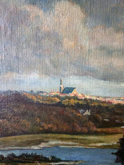 Huile sur toile – Paysage Hollandais animé dans le goût de Ruisdael - XXeme