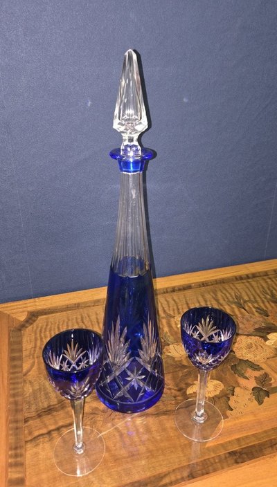Cobalt Blue Double-layered Crystal Service, Consisting Of A Carafe And Two Matching Glasses