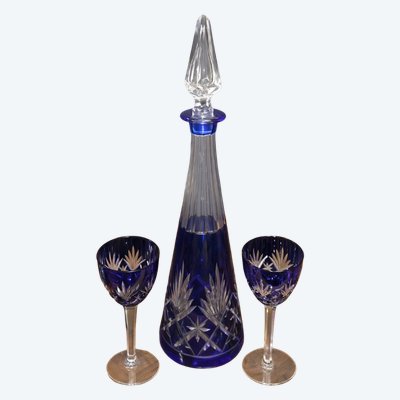 Cobalt Blue Double-Layered Crystal Service, Consisting Of A Carafe And Two Matching Glasses