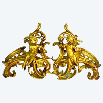 Bronze andirons Louis XV style with Acanthus Leaves And Babies decoration (pair)