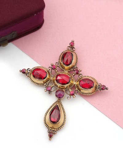 Large antique French Perpignan garnet cross in 18k gold