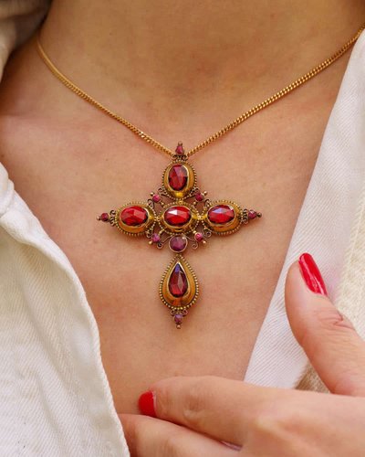 Large antique French Perpignan garnet cross in 18k gold
