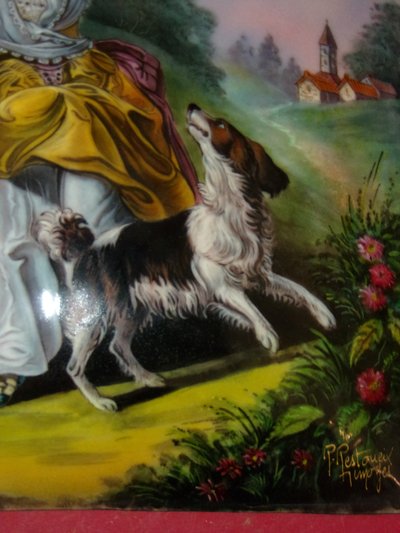  Young girl with her dogs, large Limoges enamel, 20th century.