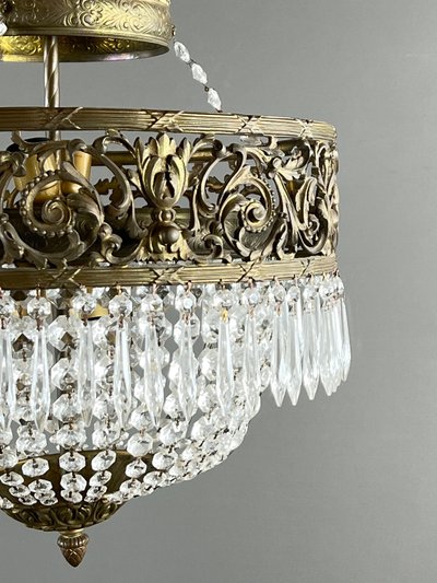 Empire Style Chandelier In Bronze And Crystal Pendants, Early 20th Century