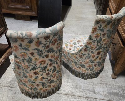 Pair of toadstool armchairs / Napoleon III style – floral fabric – fringed skirt