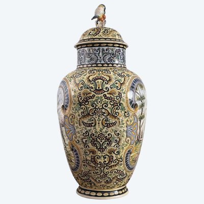 Large covered earthenware vase – Polychrome Renaissance decoration – Parrot handle – H.72 cm