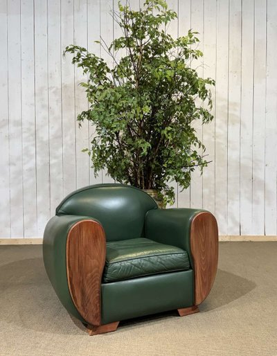 Art Deco style club chair in leather and beech wood from the 1980s