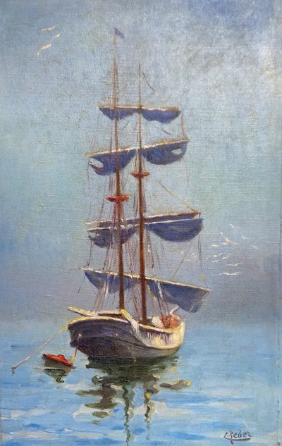 Reber – Paesaggio marino con barca a vela – Olio su tela