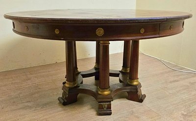 Großer runder Ausziehtisch – Säulenfuß – Empire-Stil / Mahagoni