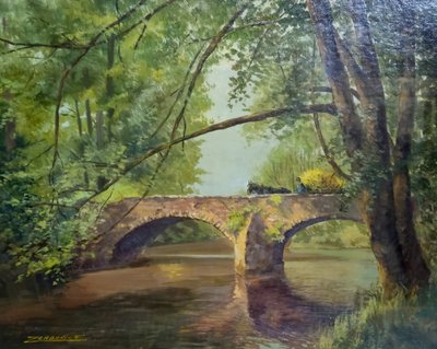 F Zerboni – Paysage d’Auvergne – Pont en pierre – Huile sur toile