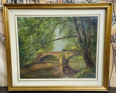 F Zerboni – Paysage d’Auvergne – Pont en pierre – Huile sur toile