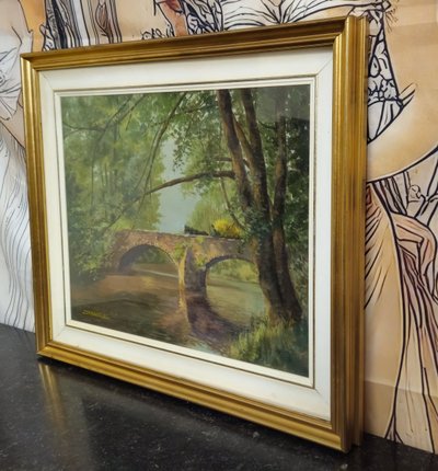 F Zerboni – Paysage d’Auvergne – Pont en pierre – Huile sur toile