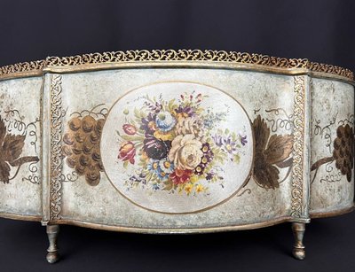 Large oval planter in painted sheet metal – floral decoration and bunches of grapes – Louis XVI style