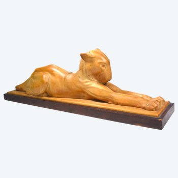 Sculpture En Bois d'Une Panthère Couchée Par Noël Ange Martini époque Art Déco